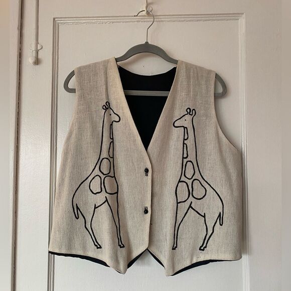 Vintage Cream and Black Linen Hand-Embroidered Giraffe Design Vest Size Large - Picture 1 of 6